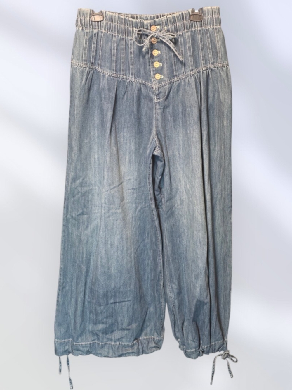 Light Blue Chambray Wide-Leg Jeans with Shirred Waist